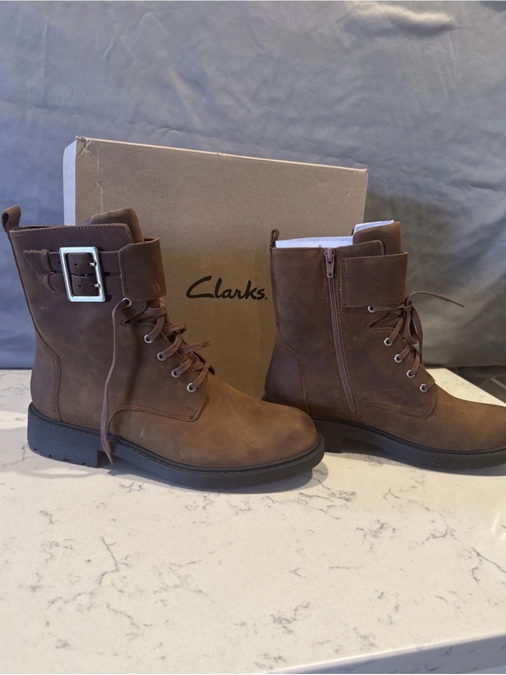 Clarks Women's Brown Lace-Up Buckle Combat Boots